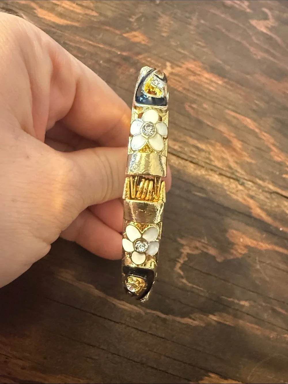 Gold Plated Enamel Flower & Crystal Enamel Flower Bangle Bracelet Black & White